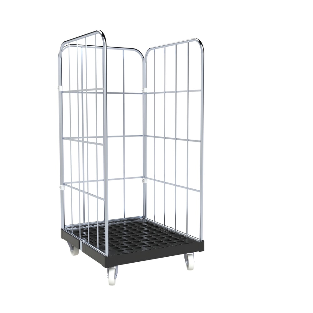 rolltainer® 3-seitiger Rollbehälter BASIC, Kunststoff-Rollplatte, schwarz, HxBxT 1.530 x 724 x 827 mm, Gitterwände