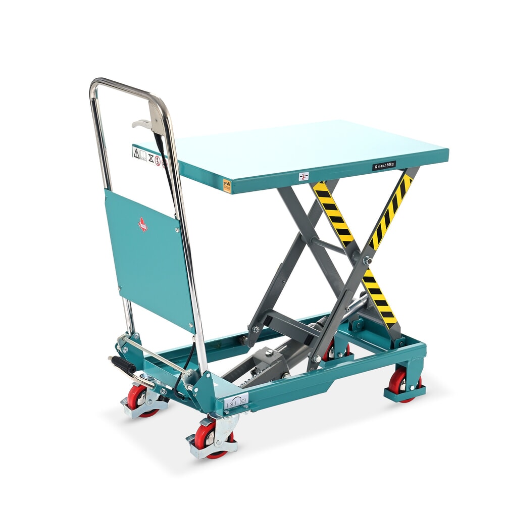 Scheren-Hubtischwagen Ameise® LTT 0.15 mit Einfach-Schere, klappbarer Bügel, Tragkraft 150 kg, Plattform à 700 x 450 mm