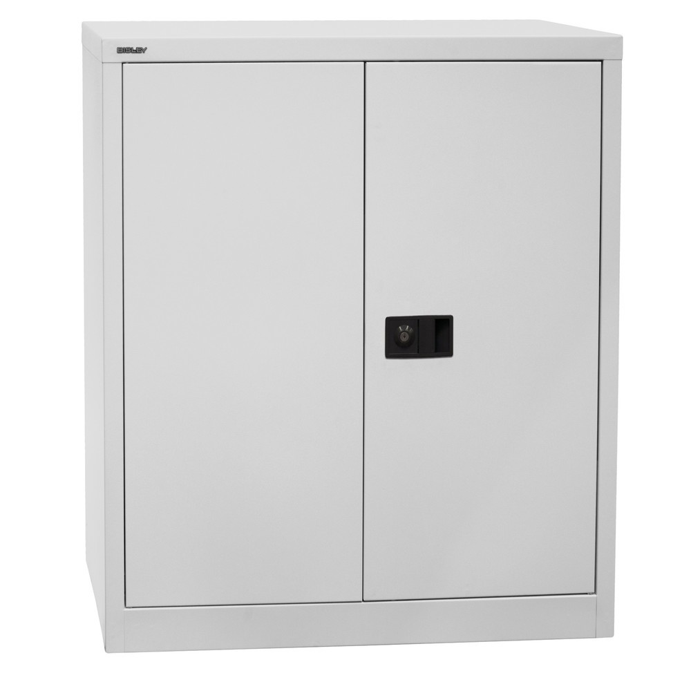 BISLEY Flügeltürschrank, Höhe 1.000 mm, BxT 914 x 400 mm, lichtgrau/blau, Böden lackiert