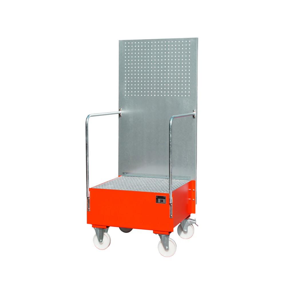 Bauer® Auffangwanne aus Stahl mit Lochplatte, verfahrbar, 1x 200 l, HxBxT 2.110 x 890 x 870 mm, feuerrot