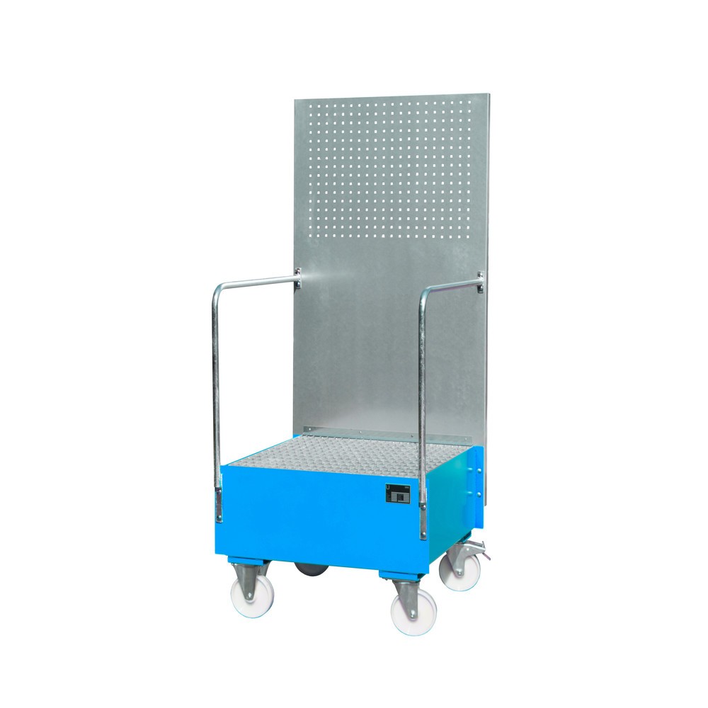 Bauer® Auffangwanne aus Stahl mit Lochplatte, verfahrbar, 1x 200 l, HxBxT 2.110 x 890 x 870 mm, lichtblau