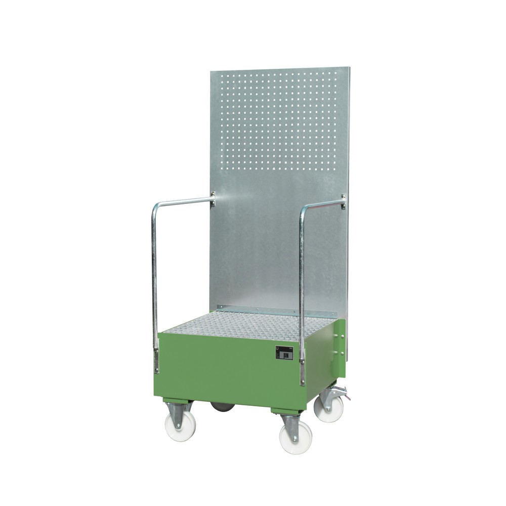 Bauer® Auffangwanne aus Stahl mit Lochplatte, verfahrbar, 1x 200 l, HxBxT 2.110 x 890 x 870 mm, resedagrün