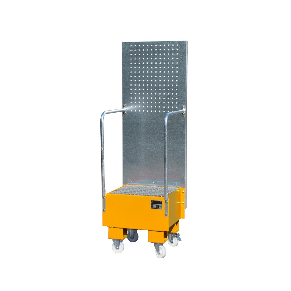 Bauer® Auffangwanne aus Stahl mit Lochplatte, verfahrbar, 1x 60 l, HxBxT 1.775 x 1.775 x 590 mm, gelborange