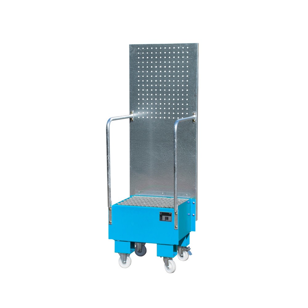 Bauer® Auffangwanne aus Stahl mit Lochplatte, verfahrbar, 1x 60 l, HxBxT 1.775 x 1.775 x 590 mm, lichtblau