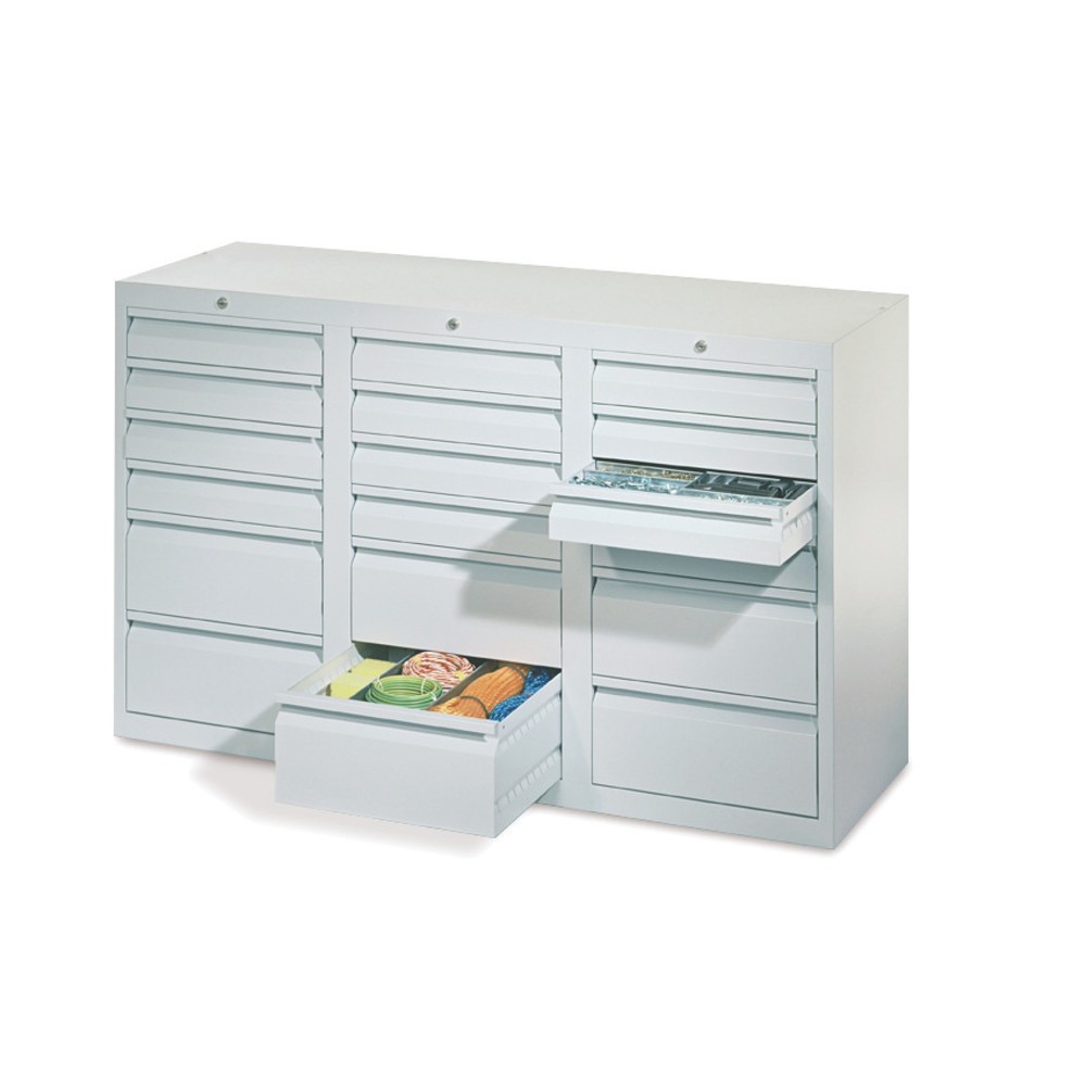 PAVOY Leichter Schubladenschrank, Gleitführung, Schubladen 18x100 + 3x200 mm, Breite 1.500 mm, reinweiss, reinweiss