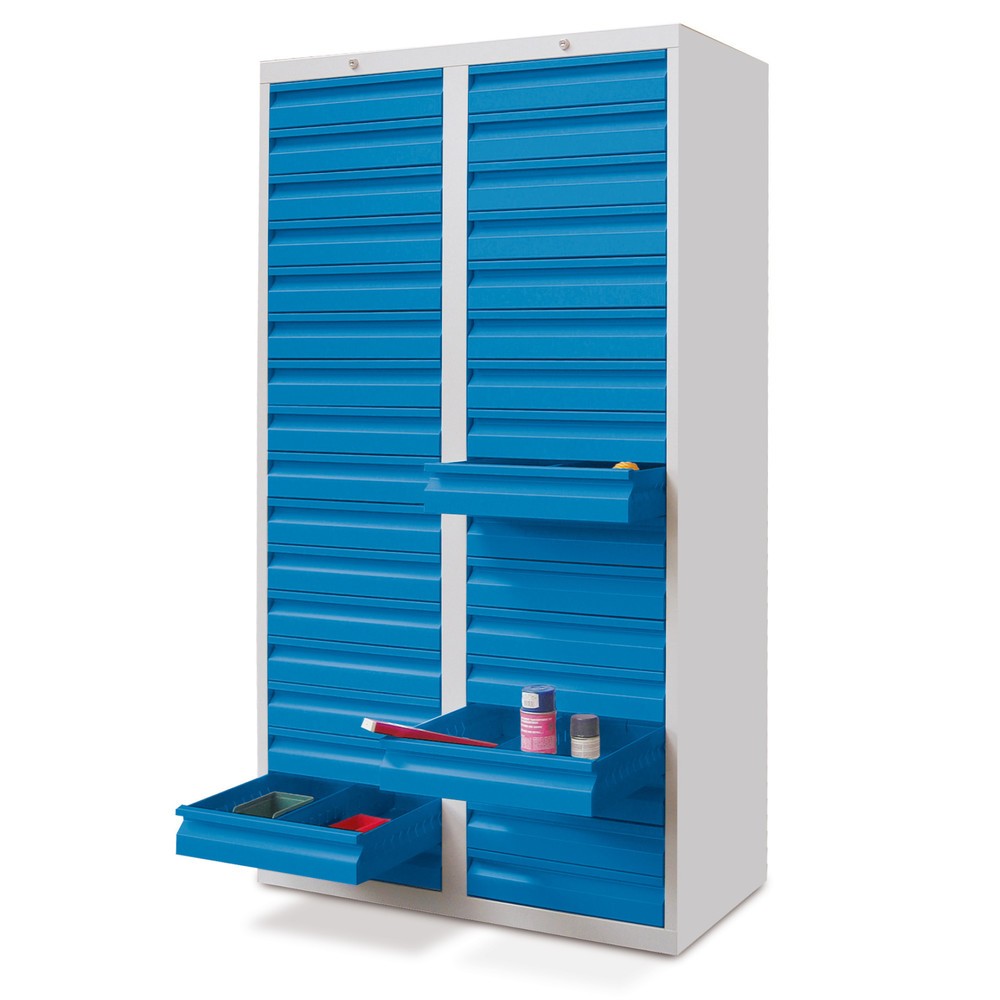 PAVOY Leichter Schubladenschrank, Gleitführung, Schubladen 30x100 + 2x200 mm, Breite 1.000 mm, enzianblau, lichtgrau