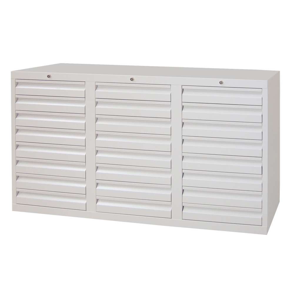 PAVOY Leichter Schubladenschrank, Gleitführung, Schubladen 24x100 mm, Breite 1.500 mm, feuerrot, lichtgrau