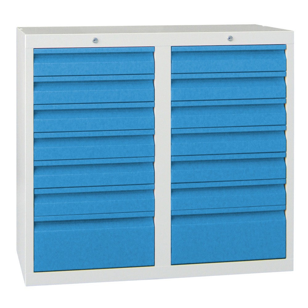 PAVOY Leichter Schubladenschrank, Gleitführung, Schubladen 12x100 + 2x200 mm, Breite 1.000 mm, enzianblau, lichtgrau