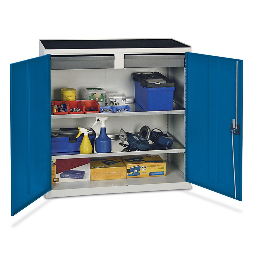 stumpf® Werkstatt-Beistellschrank mit 2 Schubladen + 2 Wannen, HxBxT 1.000 x 1.000 x 500 mm, lichtgrau/enzianblau