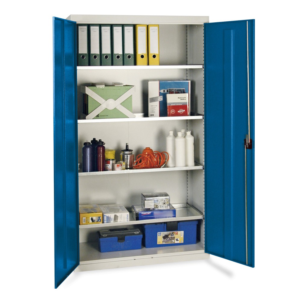 stumpf® Werkstatt-Flügeltürschrank mit 4 Wannen, HxBxT 1.800 x 1.000 x 500 mm, lichtgrau/enzianblau