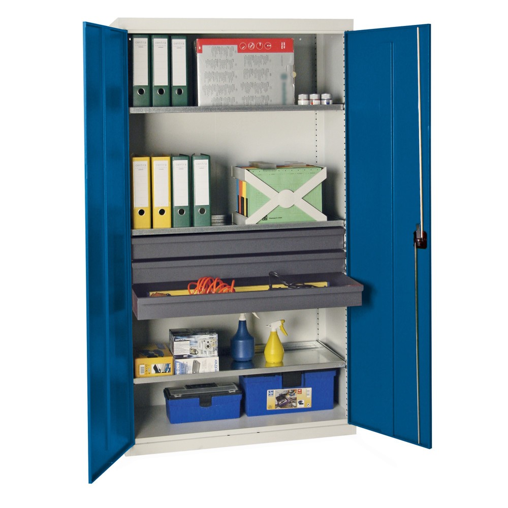 stumpf® Werkstatt-Flügeltürschrank mit 3 Schubladen + 3 Wannen, HxBxT 1.800 x 1.000 x 500 mm, lichtgrau/enzianblau