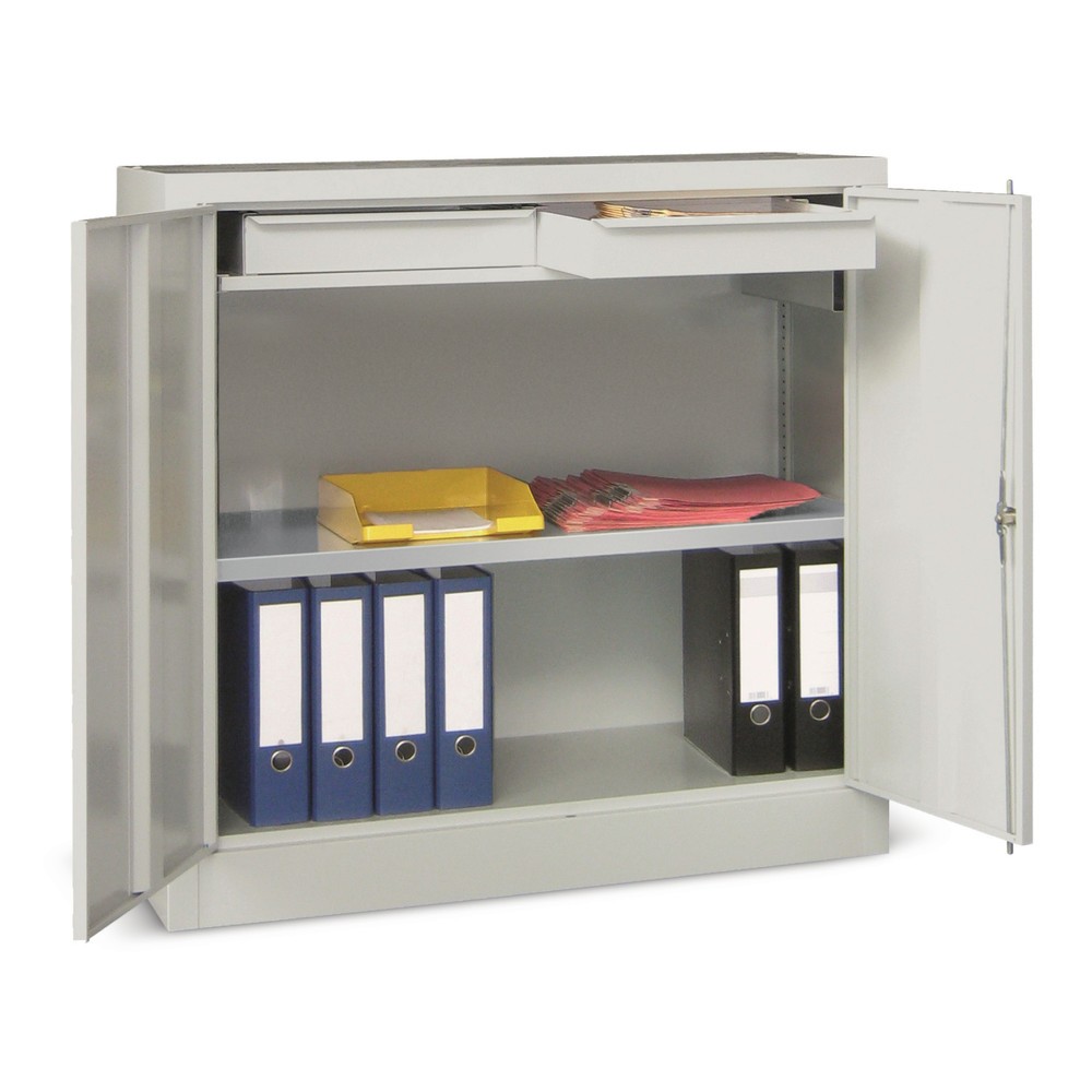 PAVOY Beistellschrank mit 1 Fachboden + 2 Schubladen, HxBxT 1.000 x 1.000 x 500 mm, feuerrot, lichtgrau