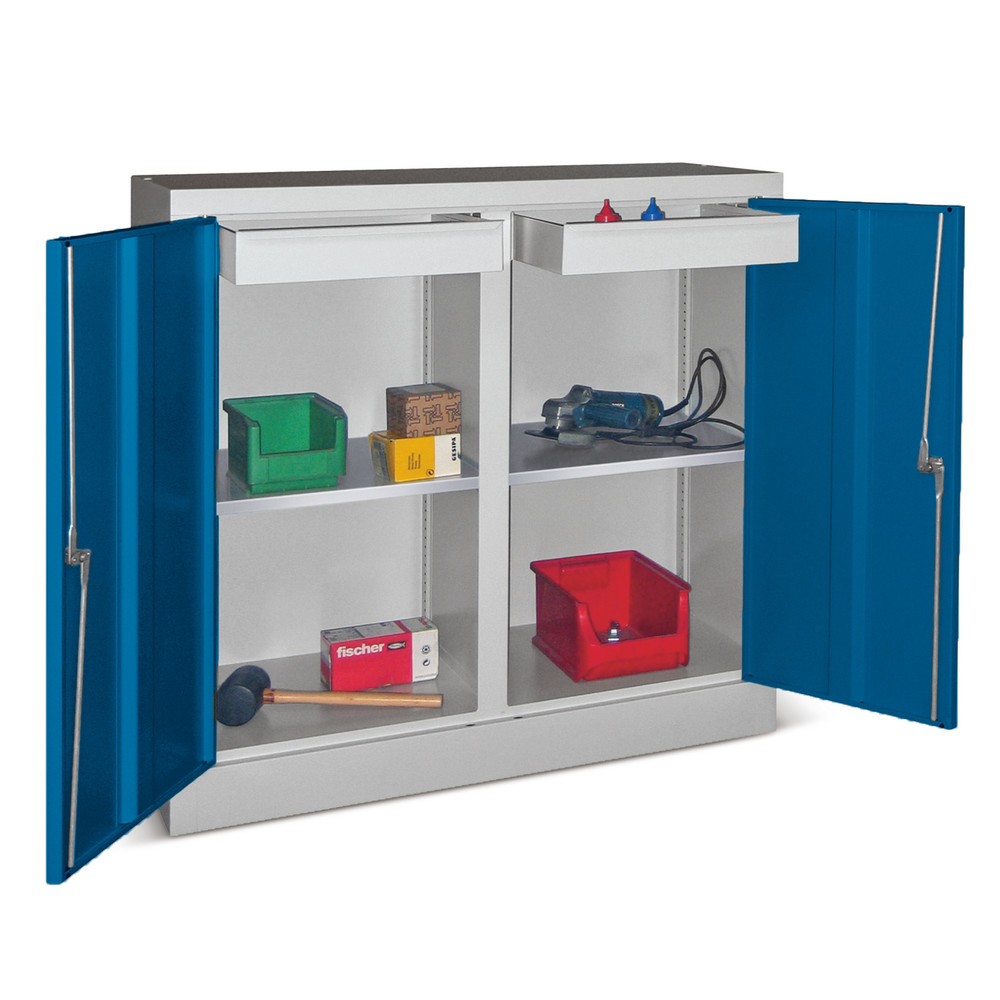 PAVOY Beistellschrank mit 2 Fachböden + 2 Schubladen, HxBxT 1.000 x 1.000 x 500 mm, Trennwand, enzianblau, enzianblau