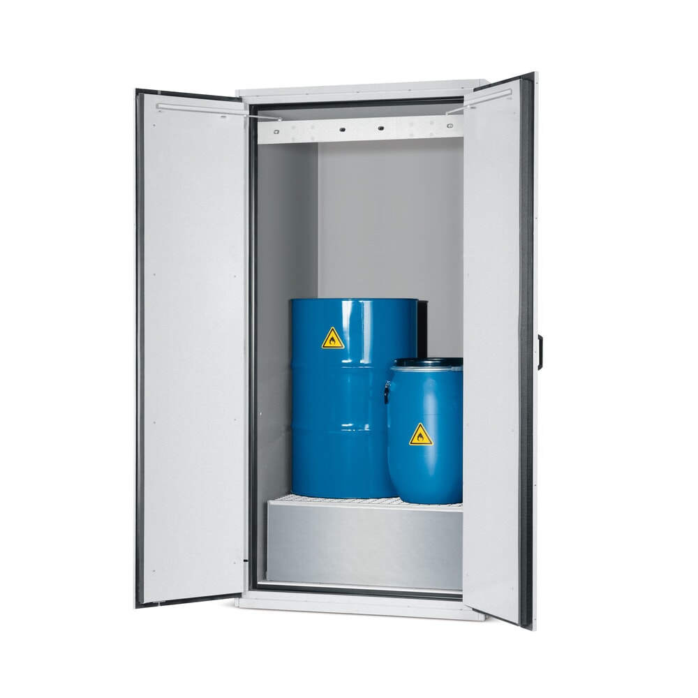 asecos® Feuerbeständiger Brandschutzschrank Typ 90 für 1 x 200 l Fass, Auffangwanne inkl. Gitterrost + Transportsockel
