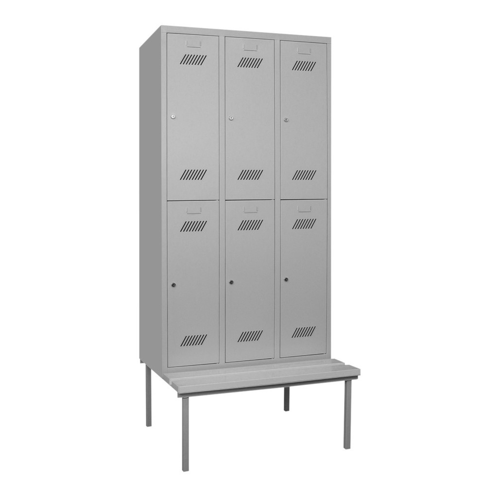 PAVOY Kleiderspind mit Sitzbank, 2-stöckig, 3 x 2 Fächer à 300 mm, Drehriegelverschluss, reinweiss, reinweiss