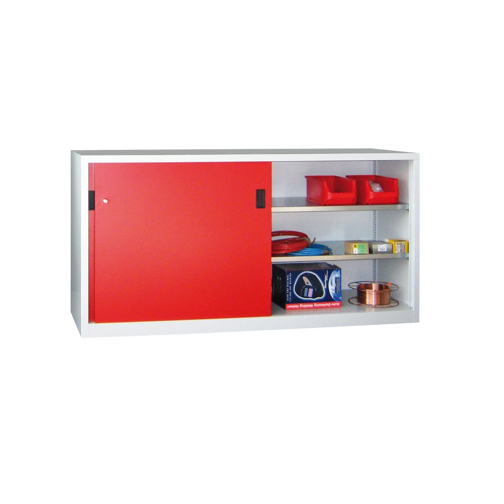 PAVOY Schiebetürenschrank mit 4 Fachböden + Trennwand, HxBxT 1.000 x 2.000 x 500 mm, himmelblau, lichtgrau