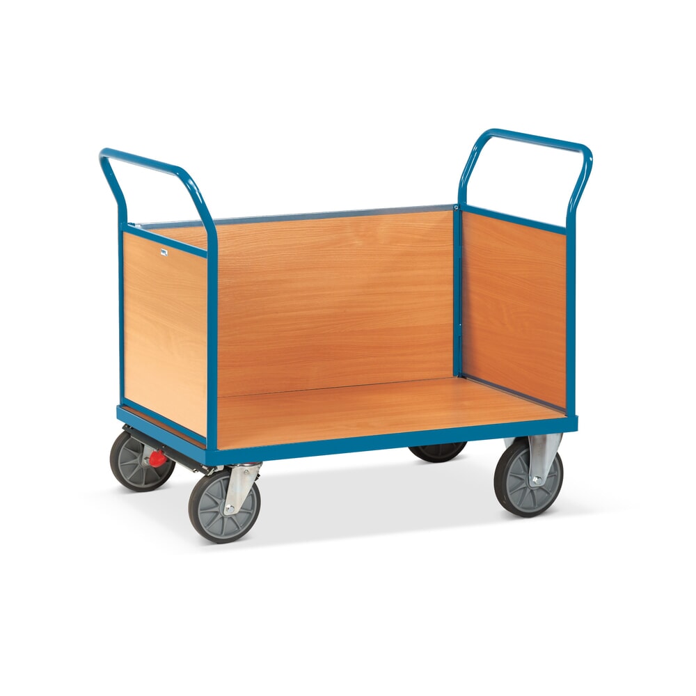 fetra® Plattformwagen, 3-seitig mit Holzwänden, Ladefläche BxT 500 x 850 mm, mit Zentralbremse