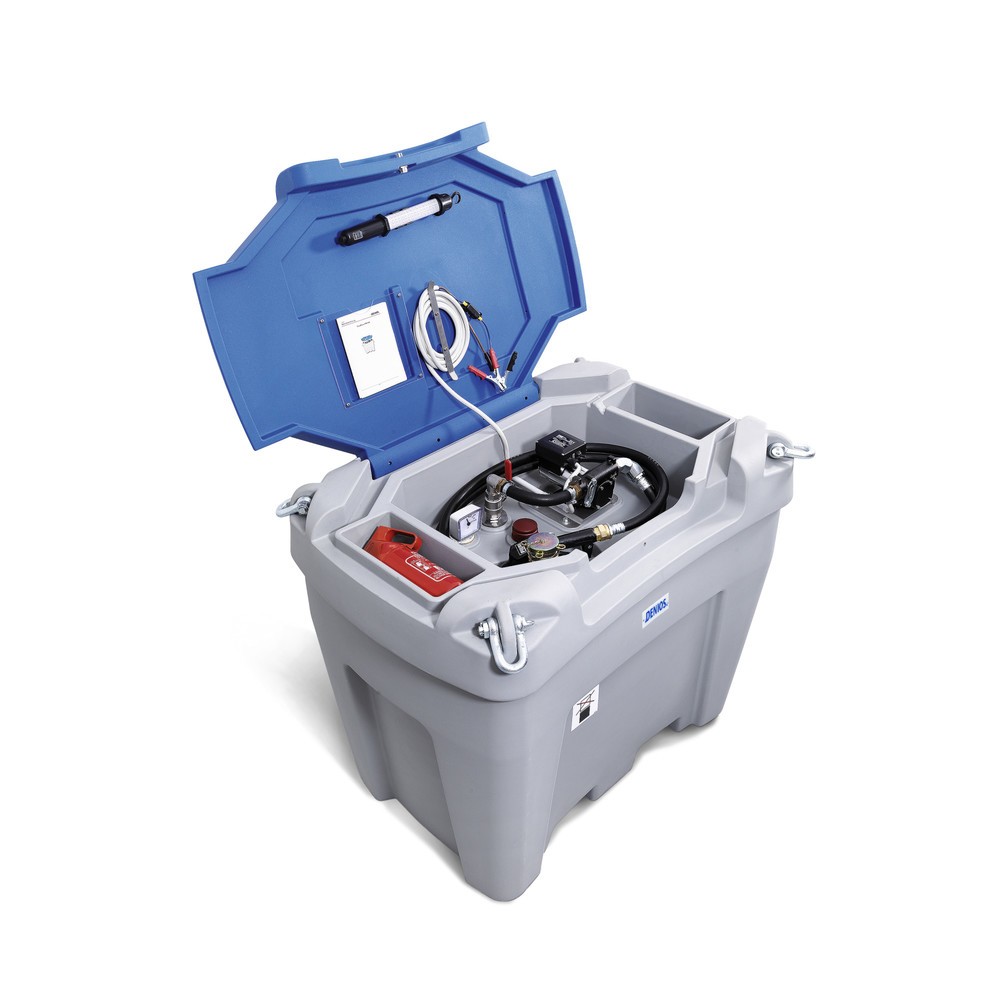 Tank-Anlage aus PE, mit Pumpe, Zapfventil, Schlauch + Durchflusszähler, Volumen 450 l, V 24, 70 l/min