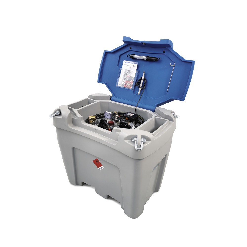 Tank-Anlage aus PE, mit Pumpe, Zapfventil, Schlauch + Durchflusszähler, Volumen 450 l, V 230, 56 l/min