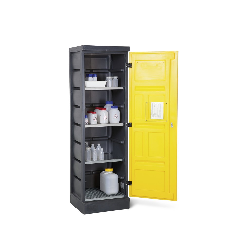 Denios Chemikalienschrank aus PE, HxBxT 1.990 x 610 x 640 mm, 3 Wannen + 1 Edelstahl-Gitterrost