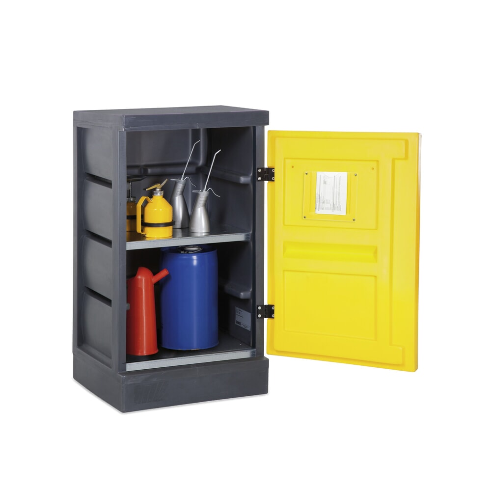 Denios Chemikalienschrank aus PE, HxBxT 1.130 x 610 x 640 mm, 1 Wanne + 1 Gitterrost, verzinkt