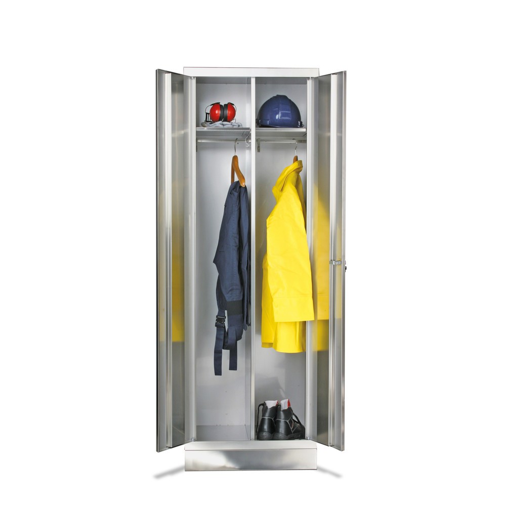 Reinsch Kleiderspind aus Edelstahl, 2 Kleiderstangen, 2 Hutböden, HxBxT 1.800 x 800 x 500 mm, Sockel