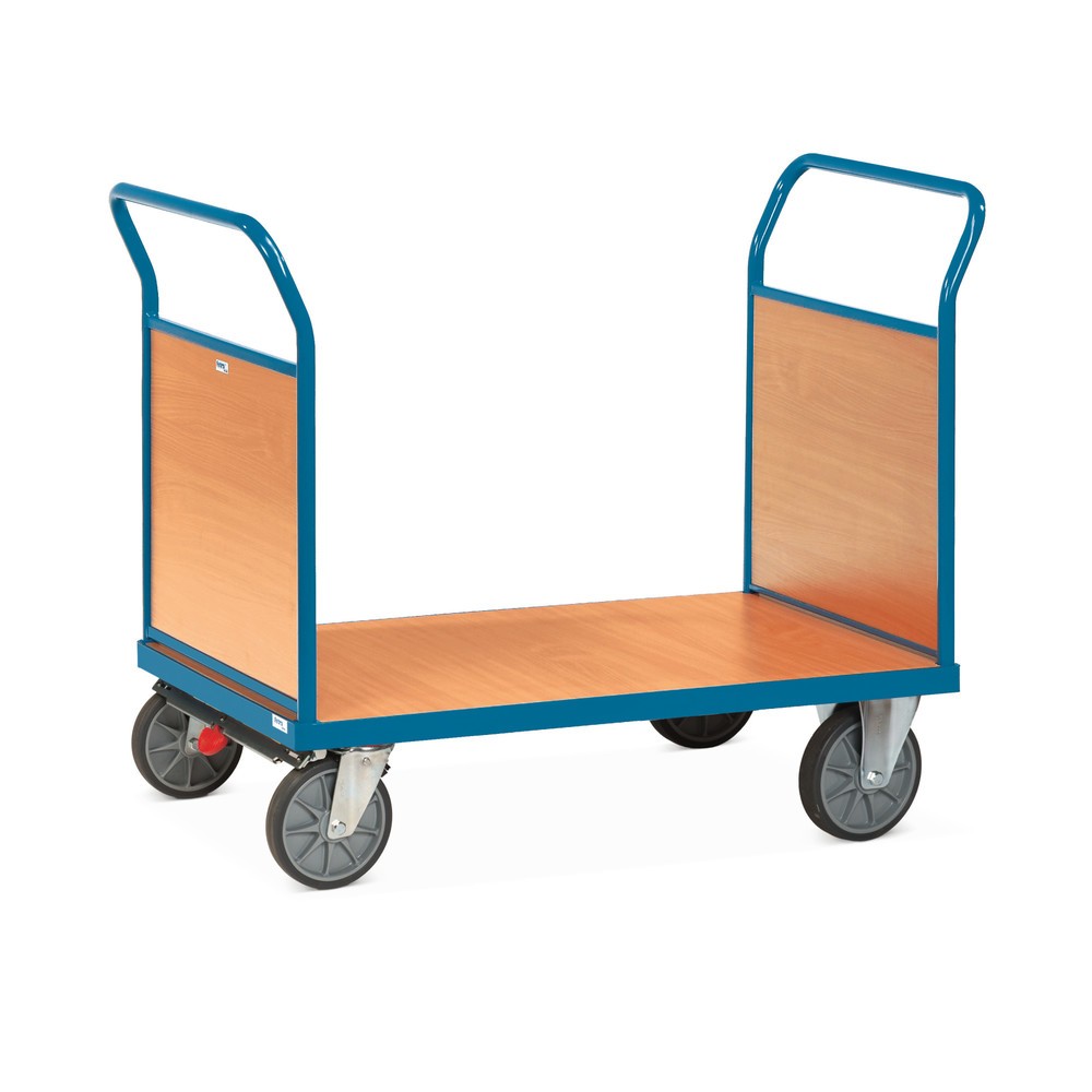 fetra® Plattformwagen, 2-seitig mit Holzwänden, Ladefläche BxT 500 x 850 mm, mit Zentralbremse