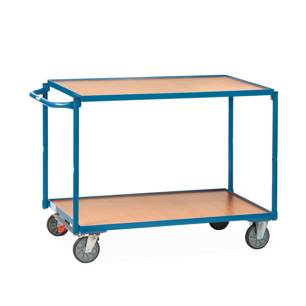 fetra® Tischwagen, TK 300 kg, 2 Etagen à 1.000 x 600 mm, waagerechter Schiebebügel, mit Zentralbremse