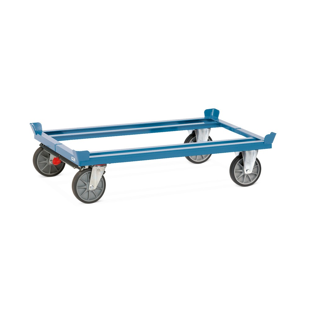 fetra® Fahrgestell mit Fangecken, TK 750 kg, für Paletten 1.200 x 800 mm, TPE-Bereifung, mit Zentralbremse