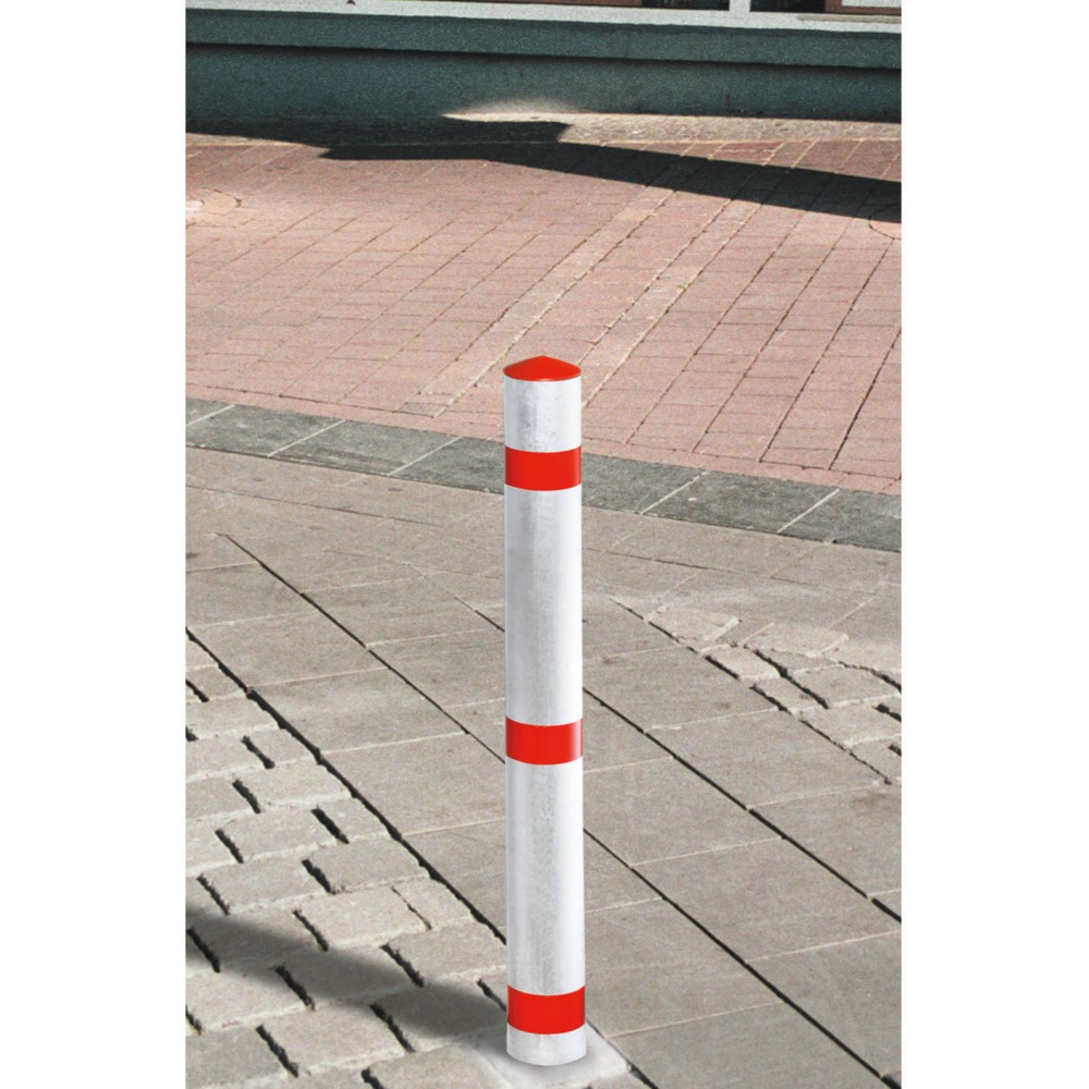 URBANUS Sperrpfosten aus Aluminium, umlegbar, Rundrohr Ø 76 mm zum Aufdübeln + Feuerwehr-Dreikant, rot/weiss