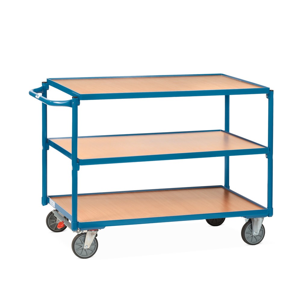 fetra® Tischwagen, TK 300 kg, 3 Etagen à 850 x 500 mm, waagerechter Schiebebügel, mit Zentralbremse