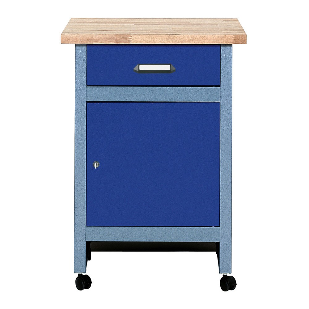 Beistelltisch für Werkbank mit 1 Schublade + 1 Tür, BxT 600 x 600 mm, blau