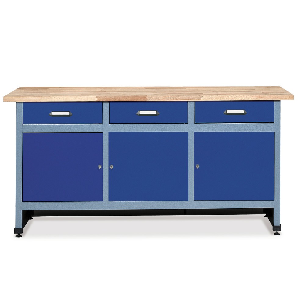 Werkbank mit 3 Schubladen + 3 Türen, BxT 1.700 x 600 mm, blau