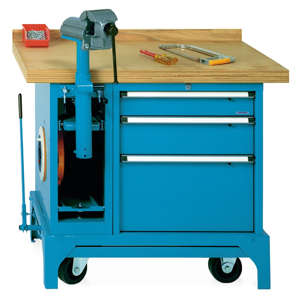 LOKOMA Mobile Werkbank Premium mit Schubladen + Schraubstock + Kabelaufroller, TK 1.500 kg, HxBxT 850 x 1.000 x 700 mm, enzianblau
