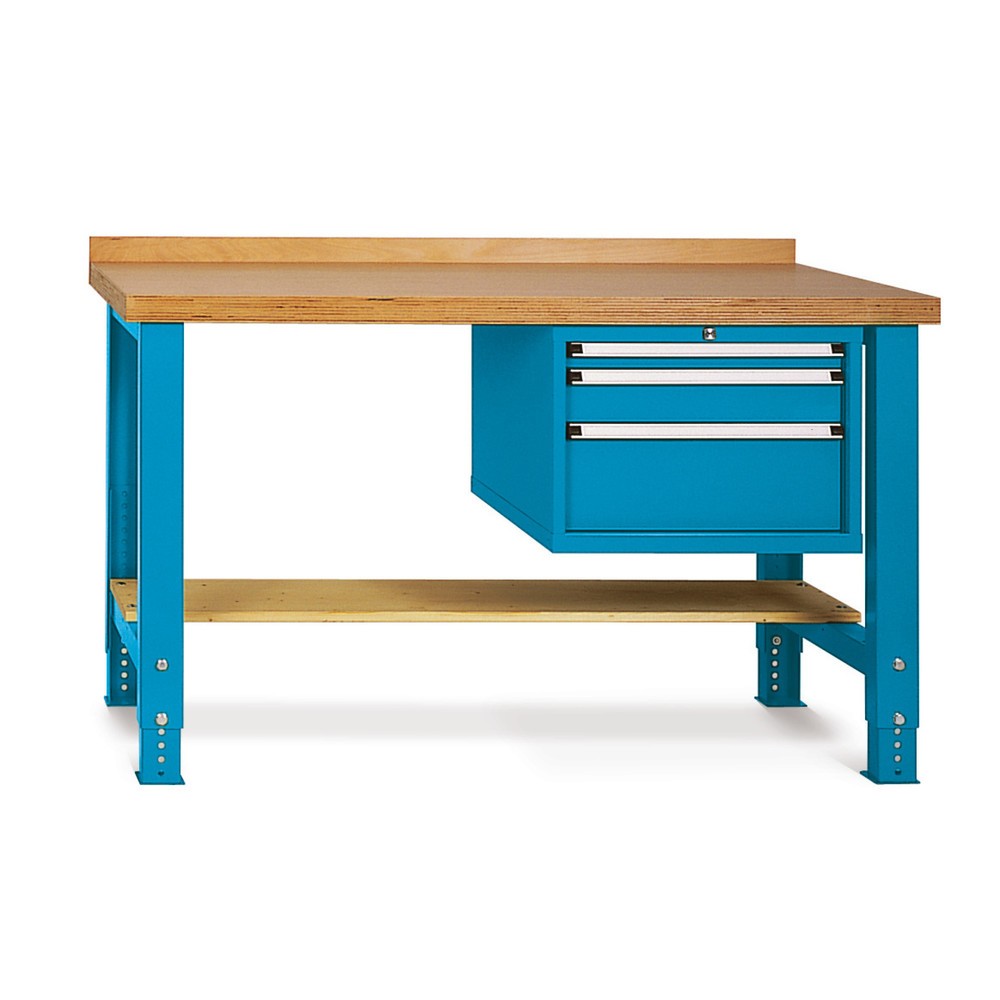 LOKOMA Schwerlastwerkbank Premium, 3 Schubladen, Ablageboden, Tragkraft 800 kg, HxBxT 850 mm x 1500 mm x 700 mm, enzianblau