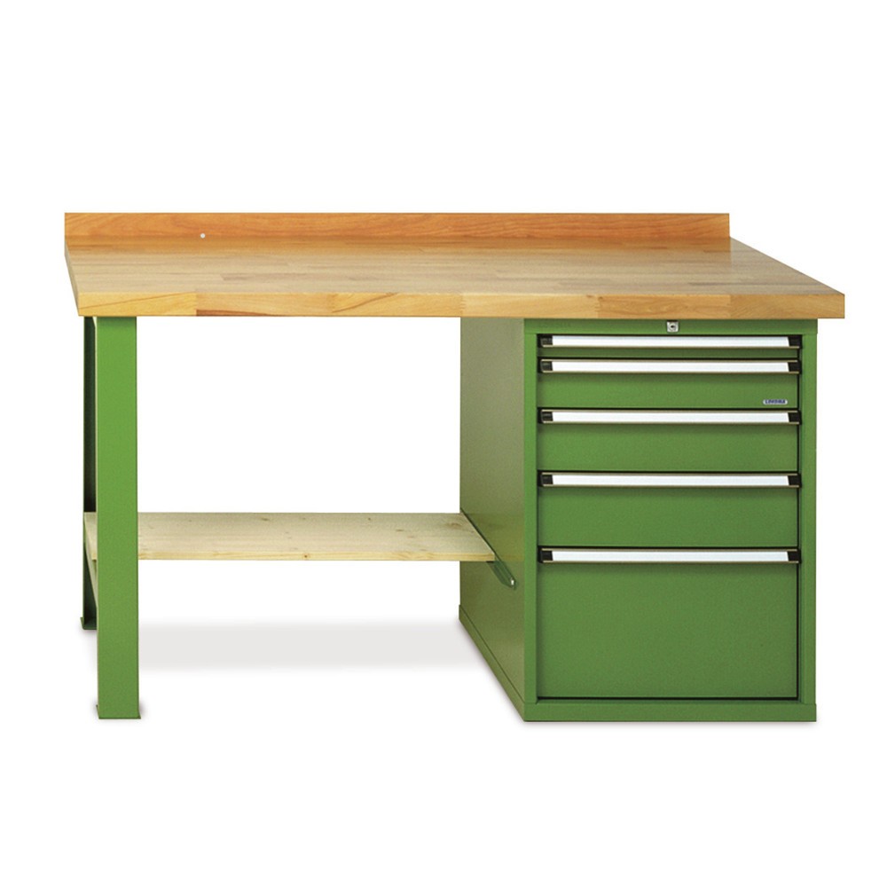 LOKOMA Schwerlastwerkbank Premium, 1 Schubladenblock, Ablageboden, Tragkraft 1200 kg, HxBxT 850 mm x 1500 mm x 700 mm, enzianblau
