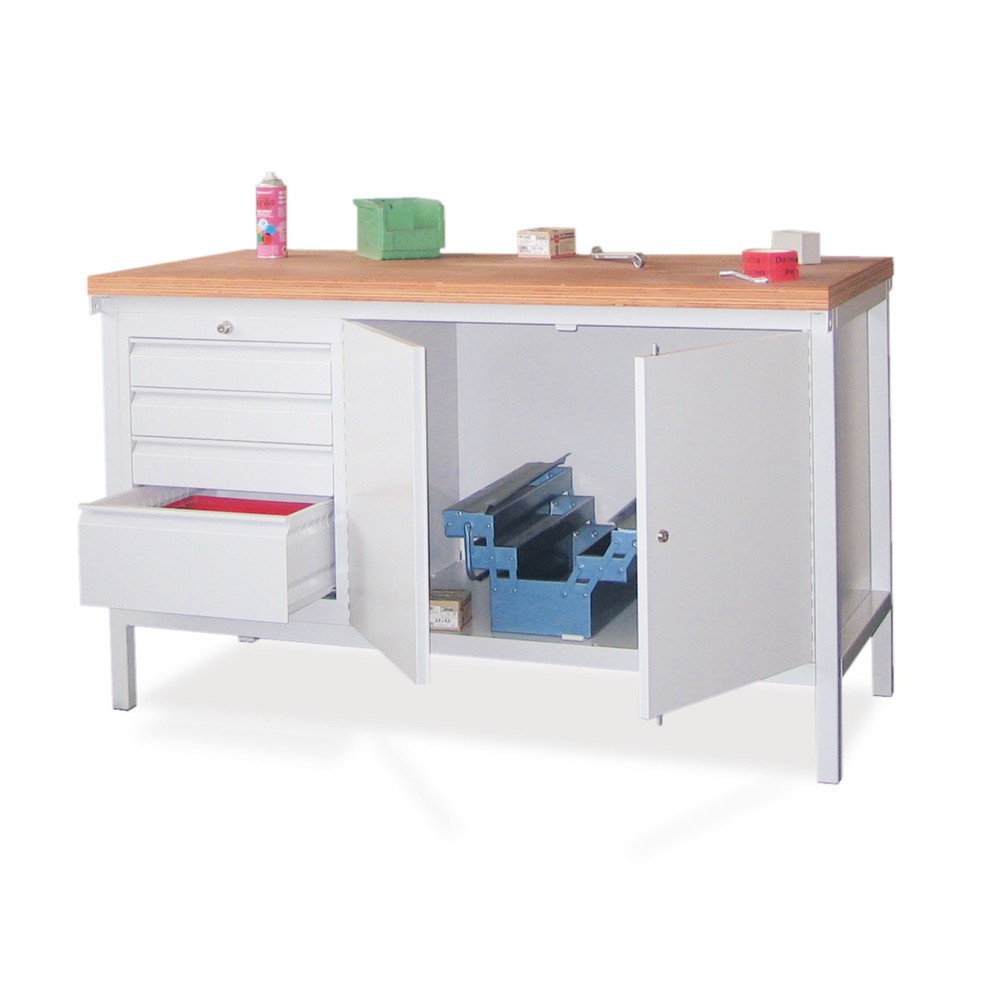 PAVOY Werktisch mit Schubladenblock + Schrank, HxBxT 900 x 1.500 x 700 mm, enzianblau, resedagrün