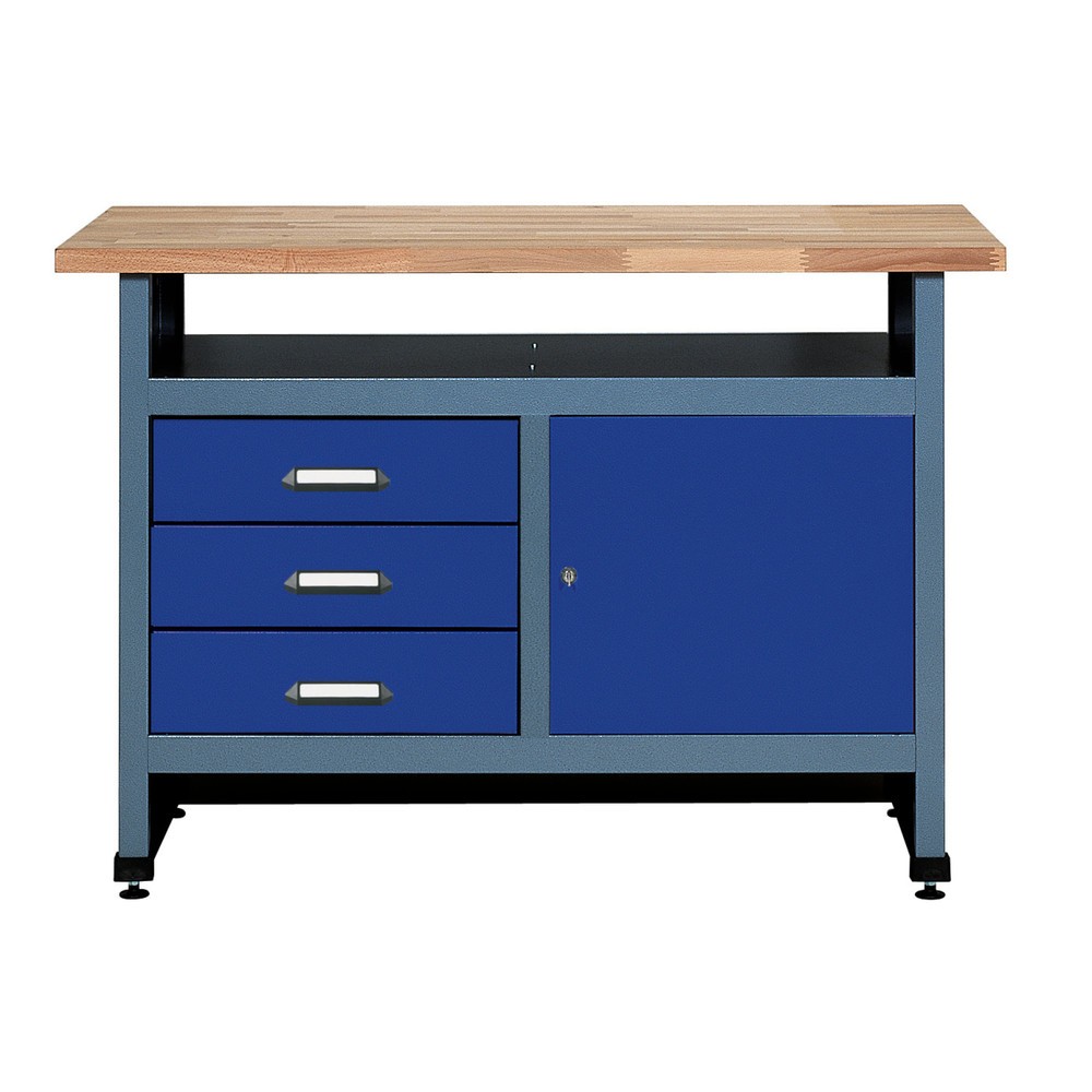 Werkbank mit 3 Schubladen + Tür + Ablagefach, BxT 1.200 x 600 mm, blau