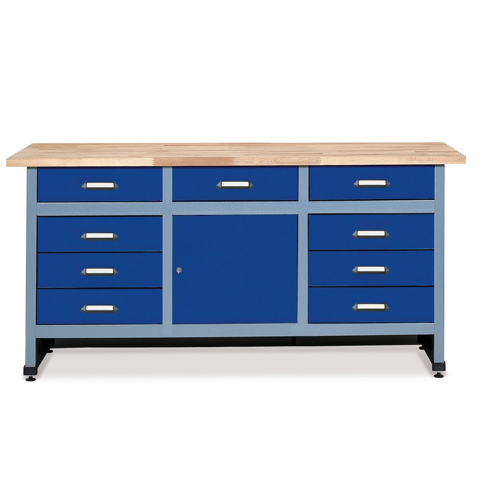 Werkbank mit 2 Schubladenblöcke + Tür, BxT 1.700 x 600 mm, blau