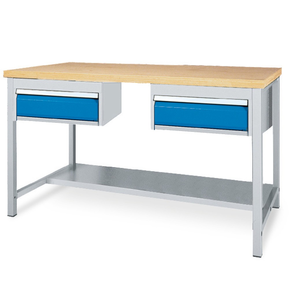 Bedrunka+Hirth Werktisch mit Ablage + 2 Schubladen, TK 200 kg, HxBxT 859 x 1.500 x 750 mm