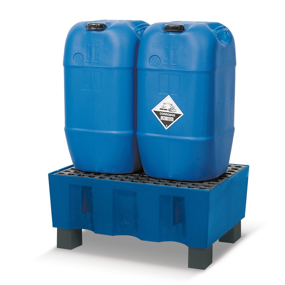 asecos® Auffangwanne aus PE für 60-Liter-Gebinde, Sockelfüsse, HxBxT 330 x 725 x 525 mm, Gitterrost aus PE