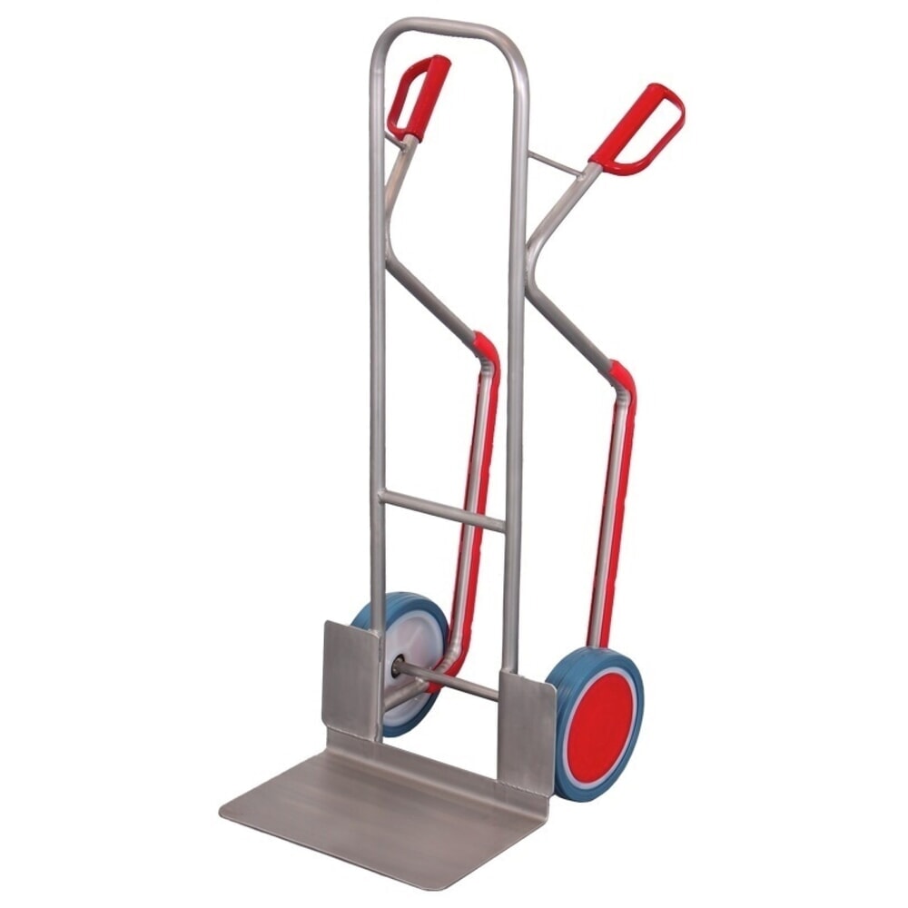 VARIOfit® Sackkarre aus Edelstahl mit großer Schaufel, BxT 480 x 300 mm, Gleitkufen, Tragkraft 250 kg, Vollgummi-Bereifung