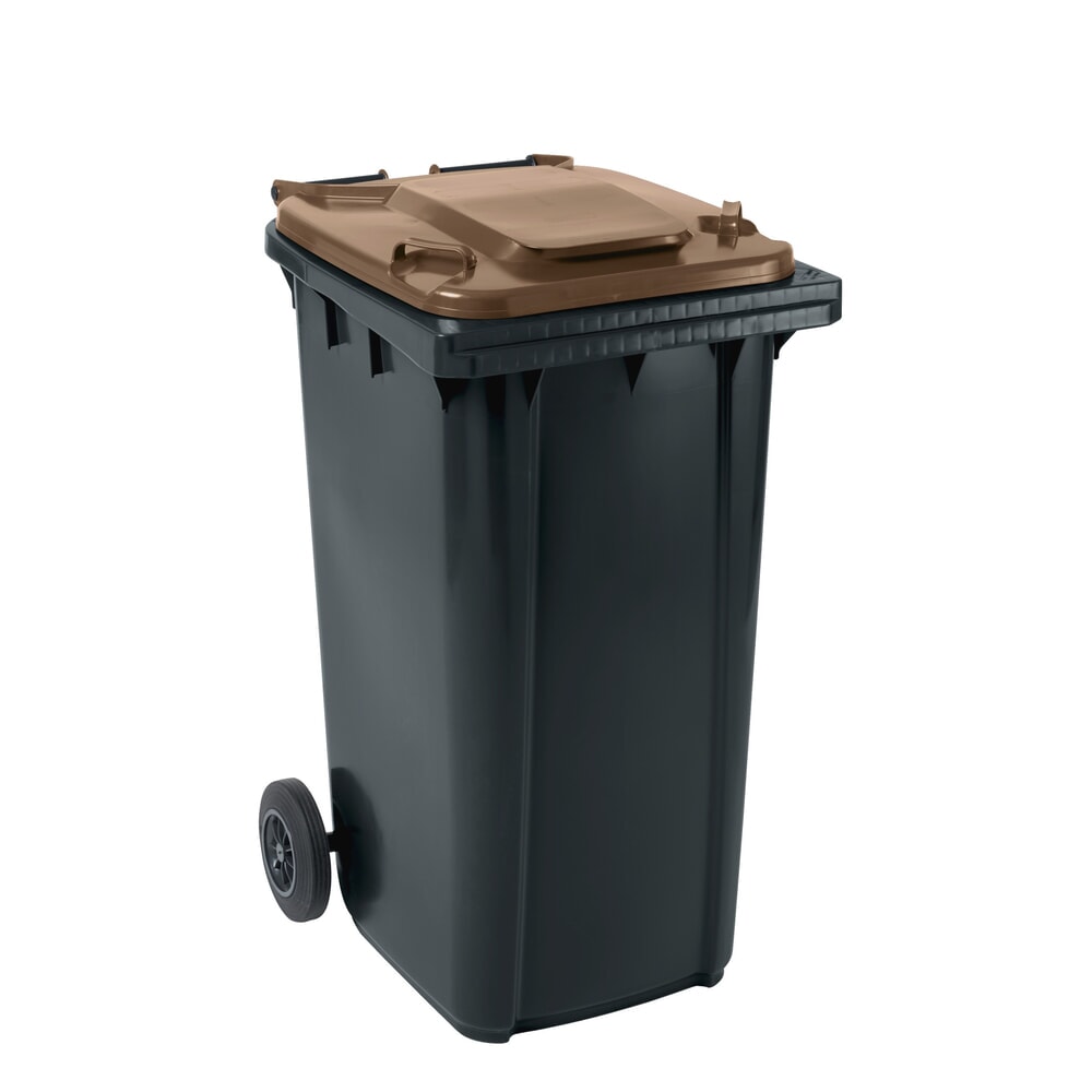 Fahrbare Mülltonne GMT eXtra aus HDPE nach DIN EN 840, 240 Liter, schwarzgrau, Deckel braun