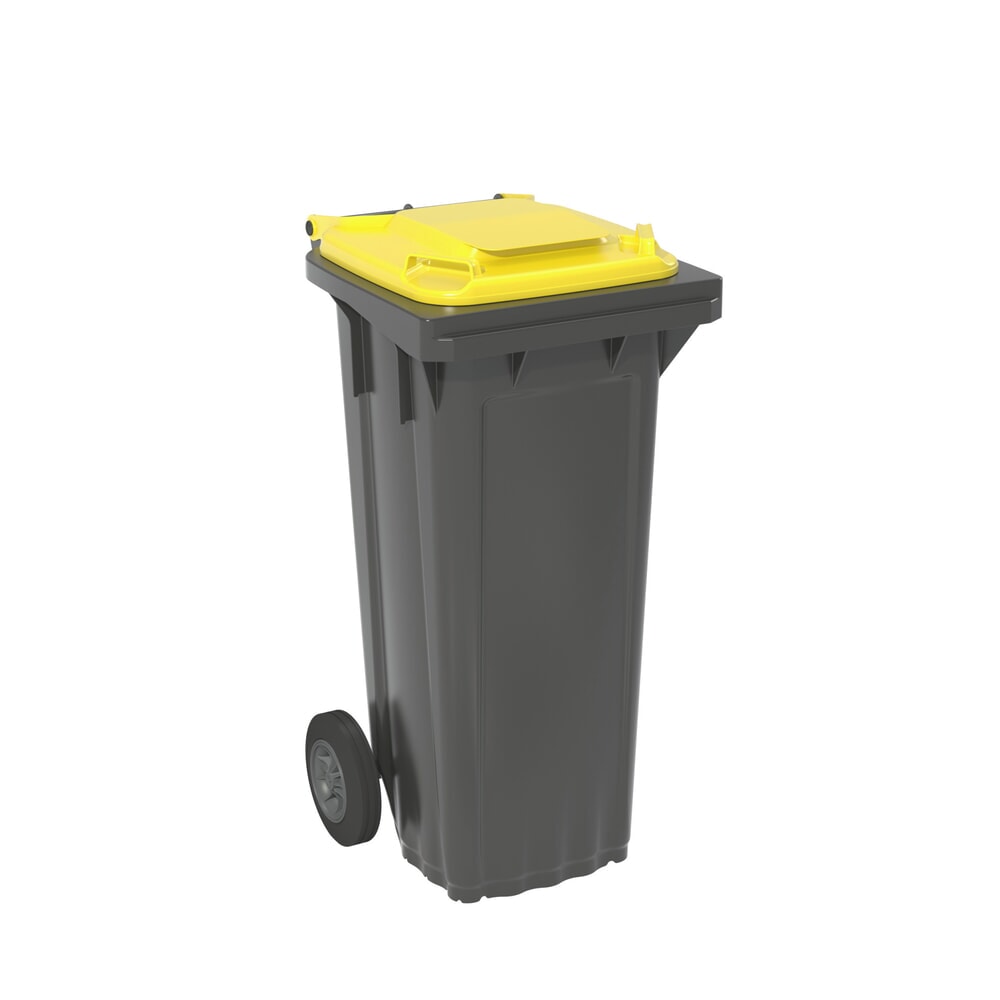 Fahrbare Mülltonne aus HDPE, 2 Rollen, 80 Liter, schwarzgrau, Deckel gelb