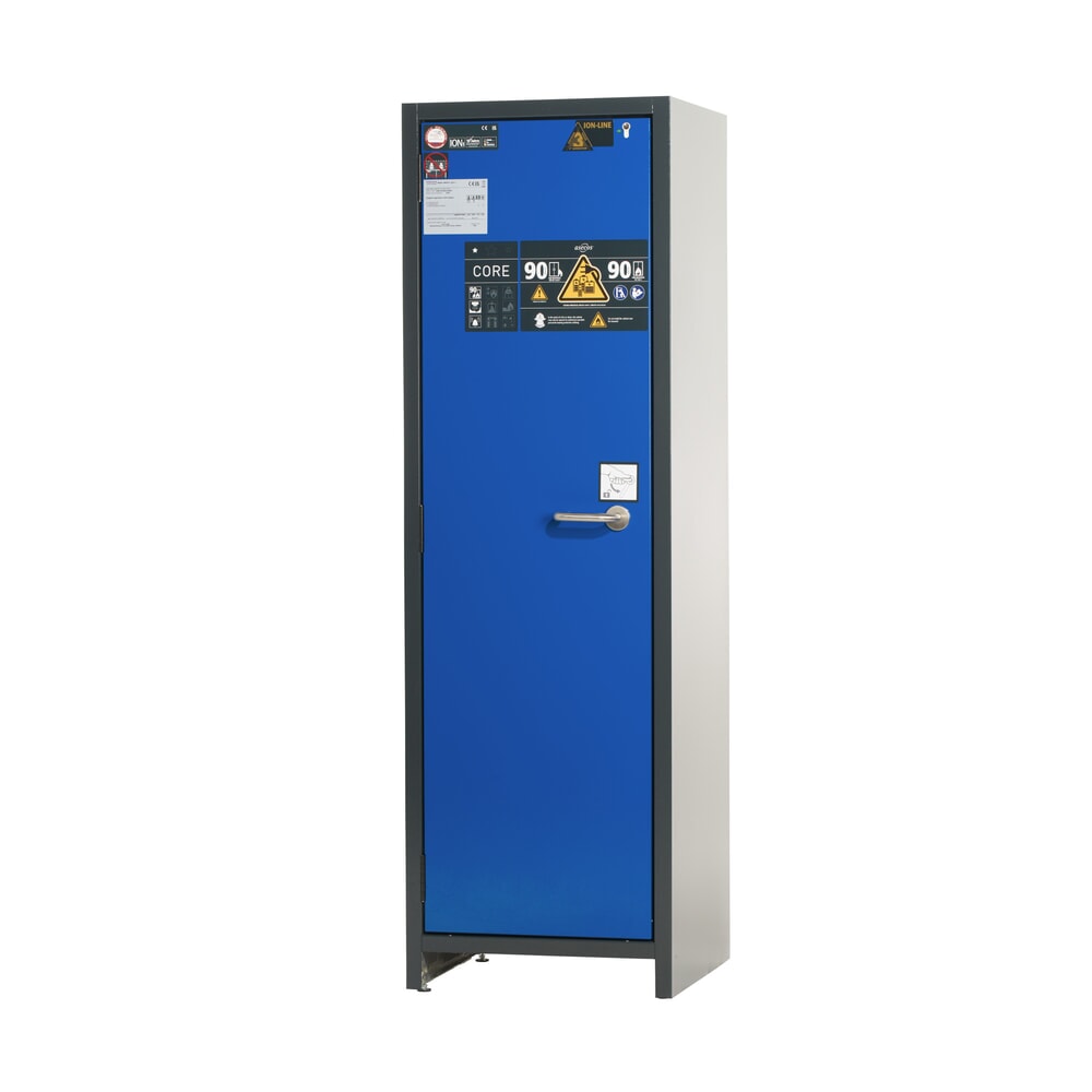 asecos® Akku-Sicherheitsschrank Typ 90 für Lithium-Ionen-Batterien ION-CORE-STORE, HxBxT 1.953 x 599 x 615 mm, 3x isolierte Fachböden, 1x Bodenauffangwanne