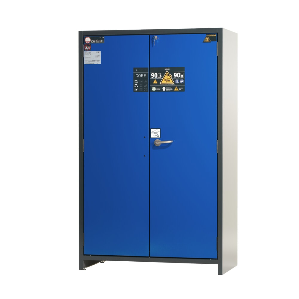 asecos® Akku-Sicherheitsschrank Typ 90 für Lithium-Ionen-Batterien ION-CORE-STORE, HxBxT 1.953 x 1.193 x 615 mm, 6x isolierte Fachböden, 1x Bodenauffangwanne