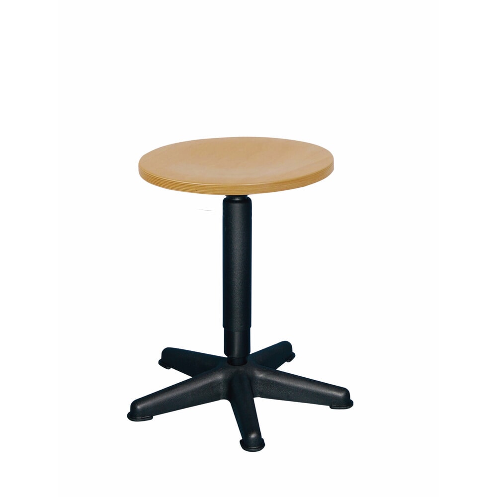Hocker, Sitz aus Buche, Sitzhöhe 410-600 mm, Drehspindel, Kunststoffbasis, Bodengleiter