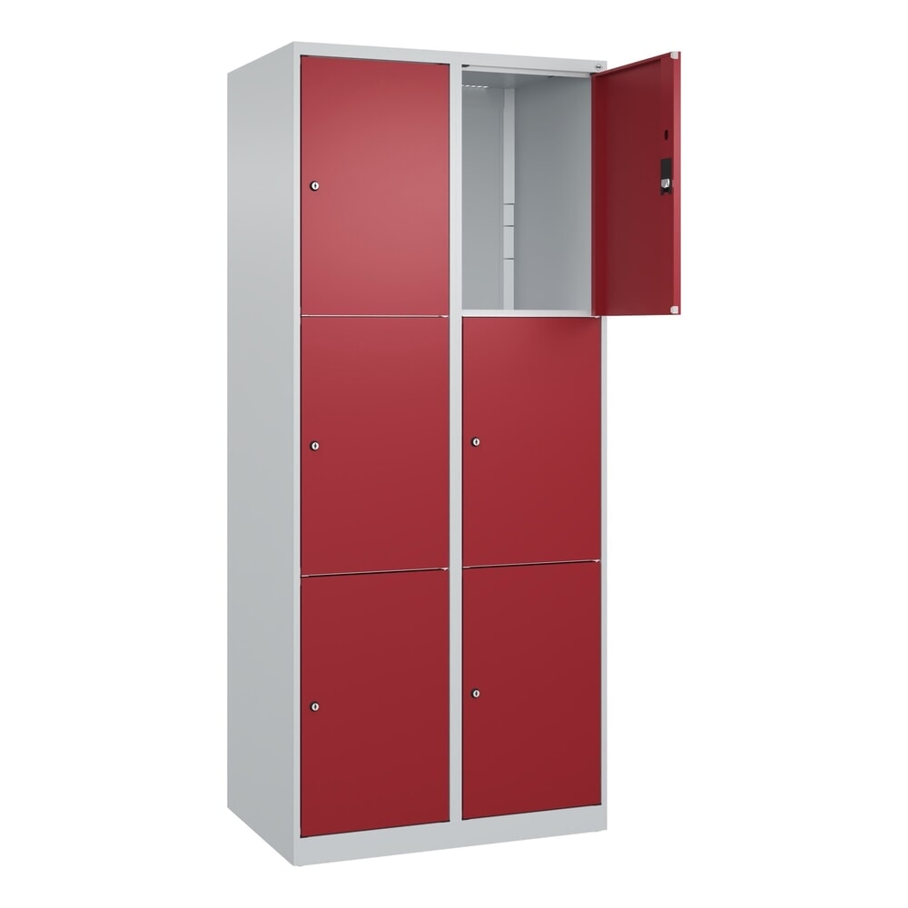 C+P Schliessfachschrank Classic PLUS, 2 Abteile, HxBxT 1.850 x 800 x 500 mm, lichtgrau, rubinrot, 6 Fächer, Zylinderschloss