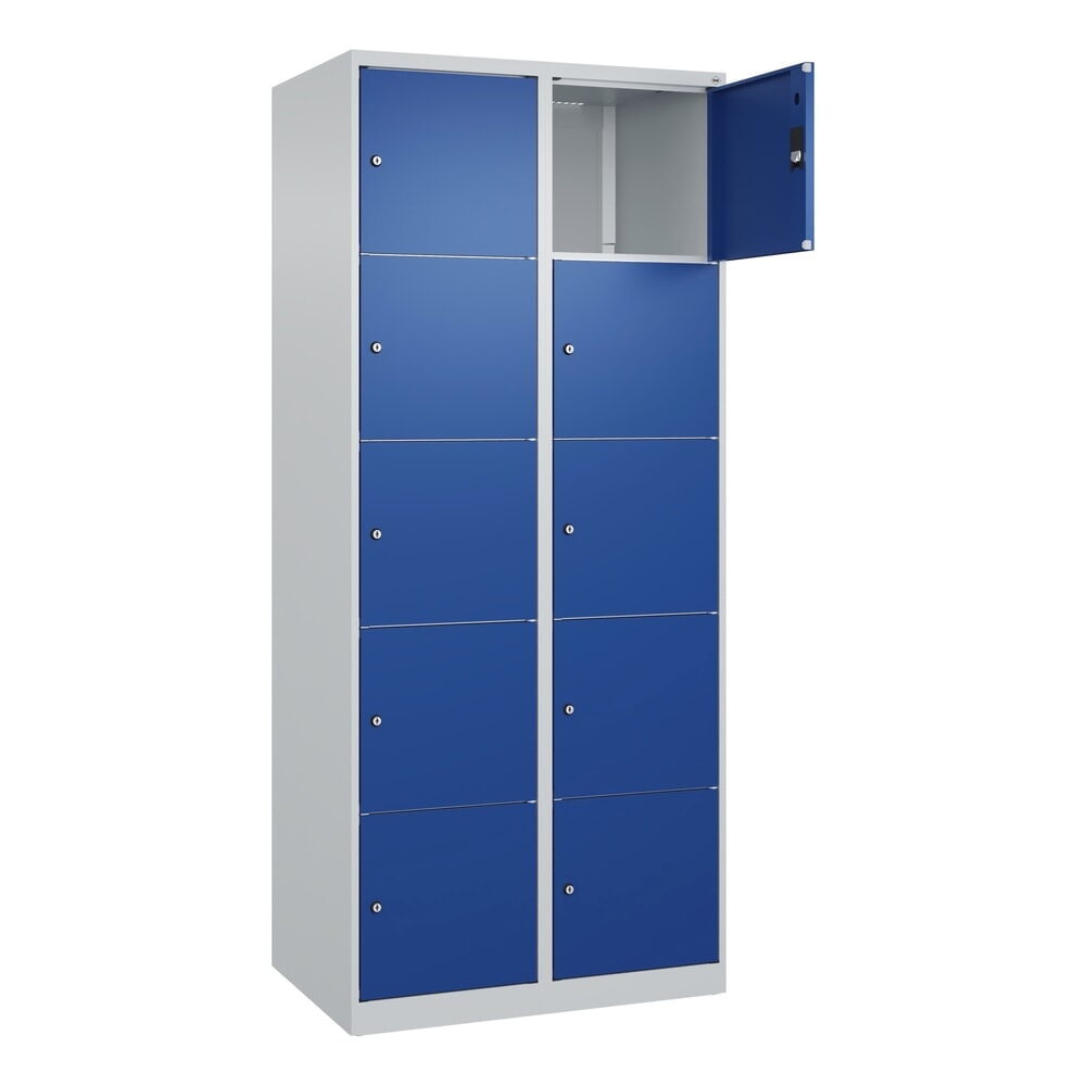 C+P Schliessfachschrank Classic PLUS, 2 Abteile, HxBxT 1.850 x 800 x 500 mm, lichtgrau, enzianblau, 10 Fächer, Zylinderschloss