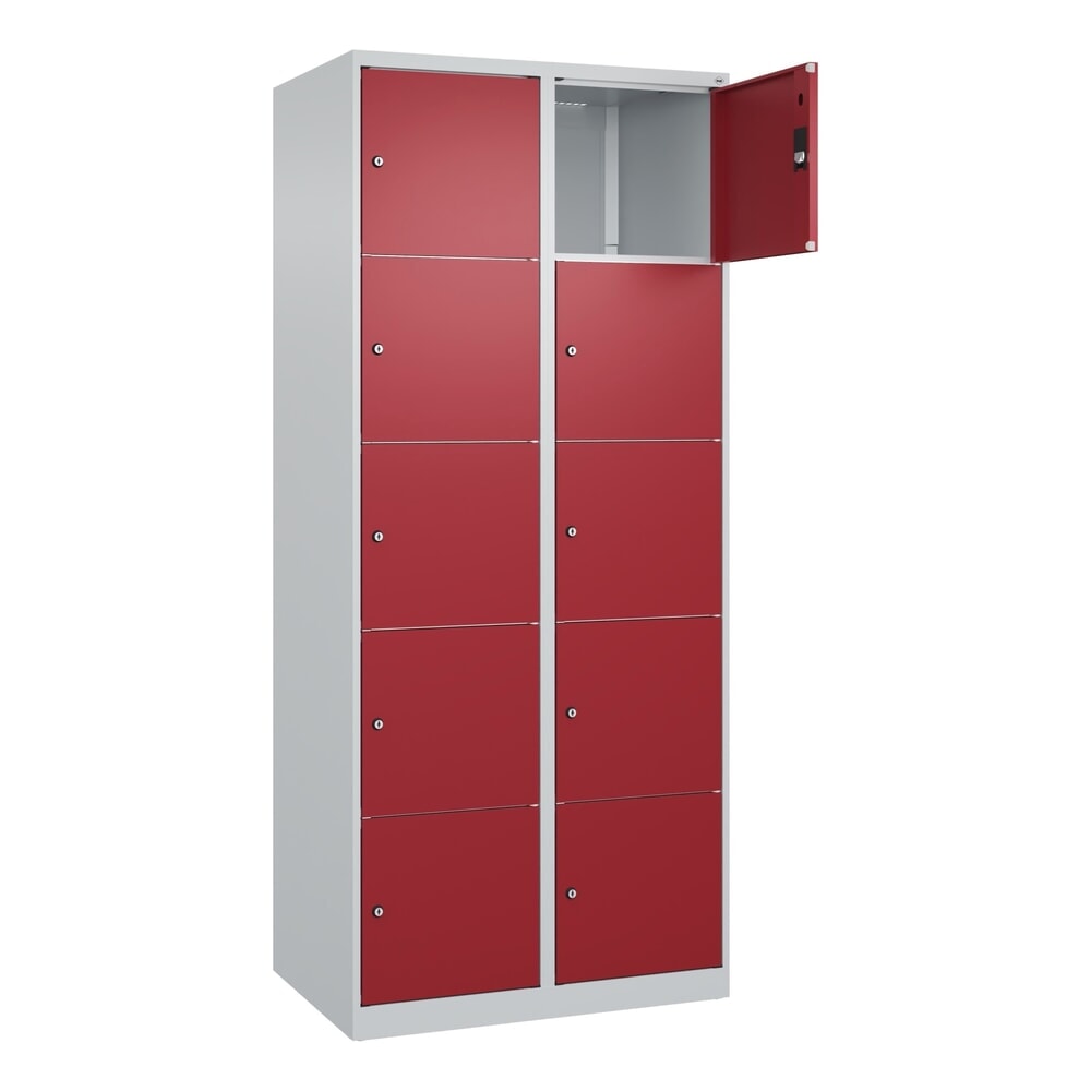 C+P Schliessfachschrank Classic PLUS, 2 Abteile, HxBxT 1.850 x 800 x 500 mm, lichtgrau, rubinrot, 10 Fächer, Zylinderschloss